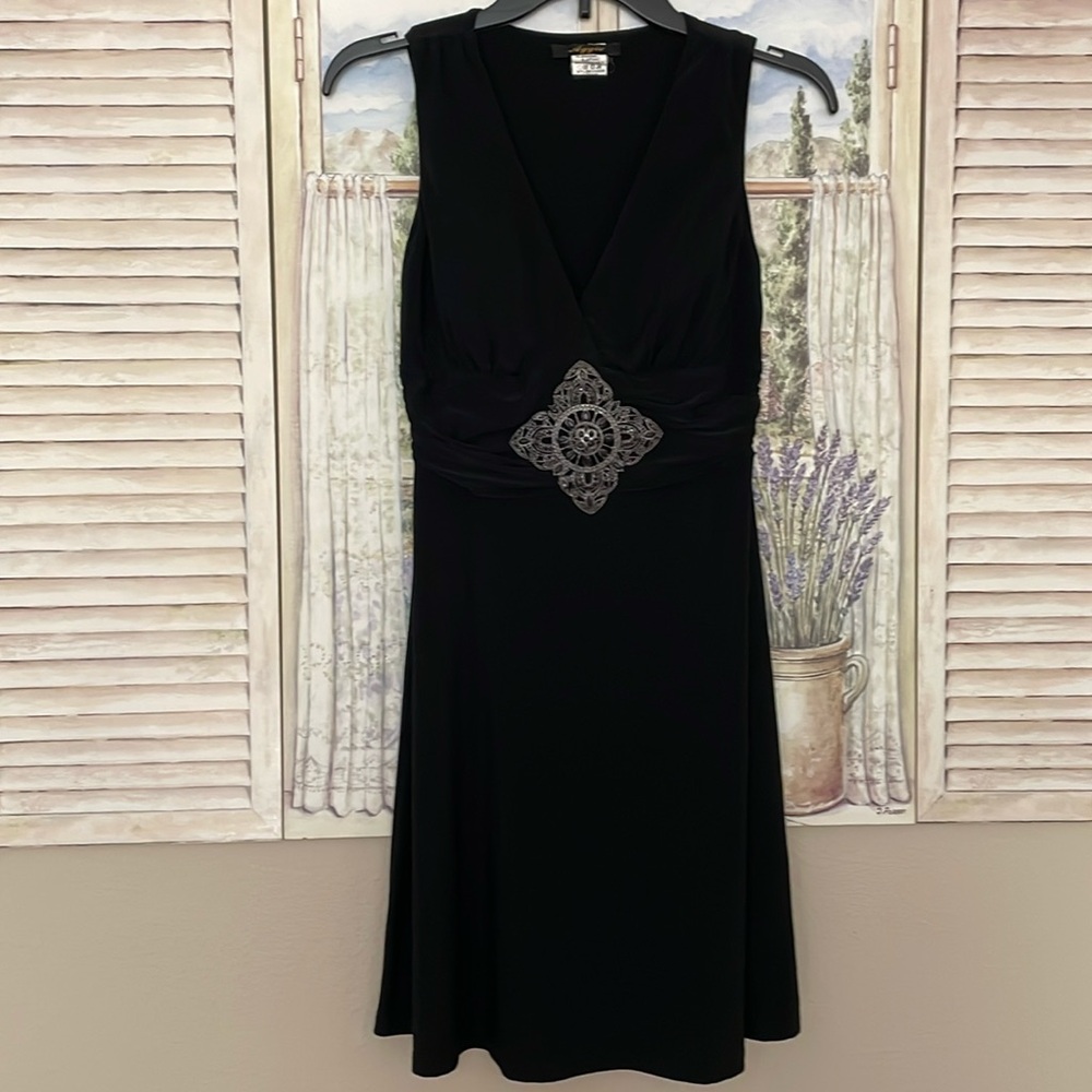 Aggie Black Dress With Large Medallion Cute Slenderizing